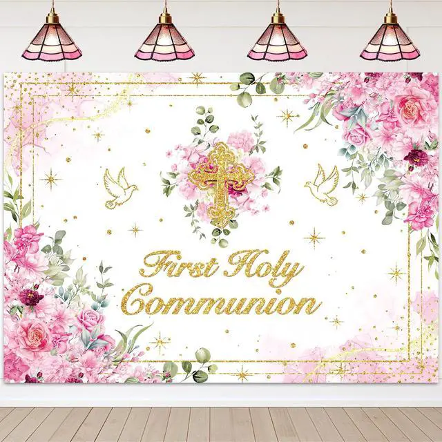 Alt view image 5 of 7 - First Holy Communion Backdrop Pink Flower Gold Cross God Bless Photography Background Girls Christening Party Baby Shower Decorations Banner