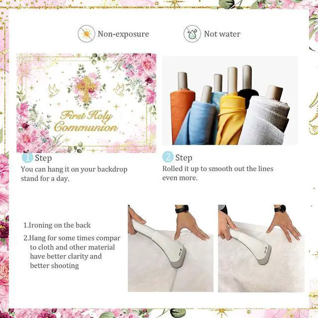 Alt view image 7 of 7 - First Holy Communion Backdrop Pink Flower Gold Cross God Bless Photography Background Girls Christening Party Baby Shower Decorations Banner