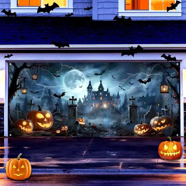 Main image of 7x16ft Halloween Garage Door Cover Banner Large Hanging Backdrop Door Cover Gloomy Garage Wall Decoration Backdrop Mural for Home Outdoor Indoor Spooky Party Wall Window Yard Horror Graveyard