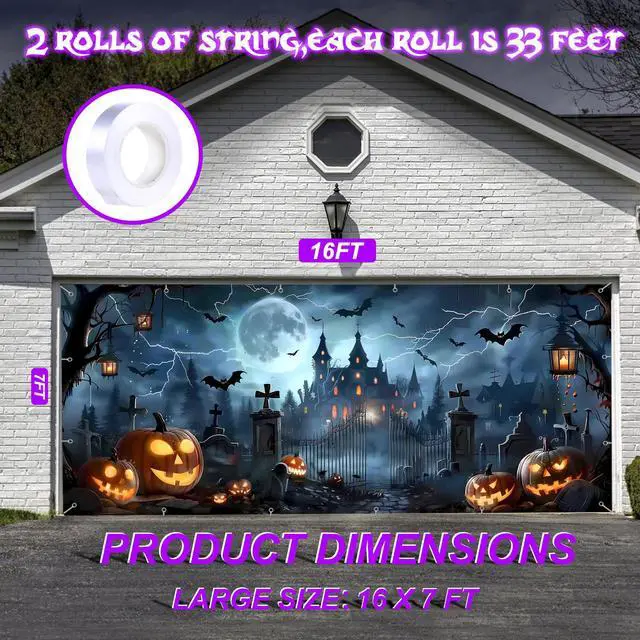 Alt view image 3 of 7 - 7x16ft Halloween Garage Door Cover Banner Large Hanging Backdrop Door Cover Gloomy Garage Wall Decoration Backdrop Mural for Home Outdoor Indoor Spooky Party Wall Window Yard Horror Graveyard