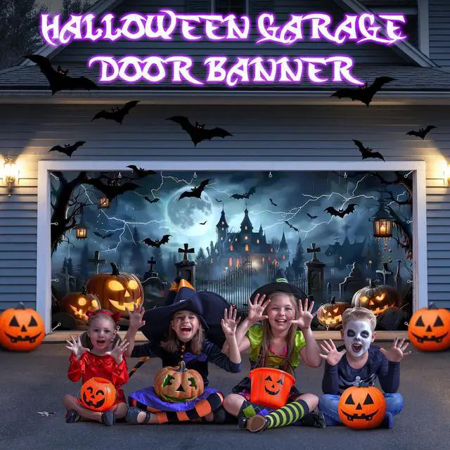 Alt view image 2 of 7 - 7x16ft Halloween Garage Door Cover Banner Large Hanging Backdrop Door Cover Gloomy Garage Wall Decoration Backdrop Mural for Home Outdoor Indoor Spooky Party Wall Window Yard Horror Graveyard