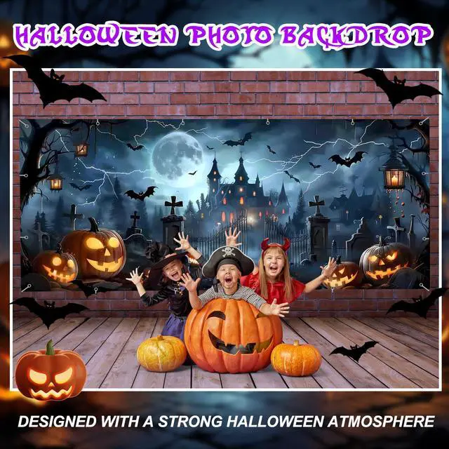 Alt view image 5 of 7 - 7x16ft Halloween Garage Door Cover Banner Large Hanging Backdrop Door Cover Gloomy Garage Wall Decoration Backdrop Mural for Home Outdoor Indoor Spooky Party Wall Window Yard Horror Graveyard