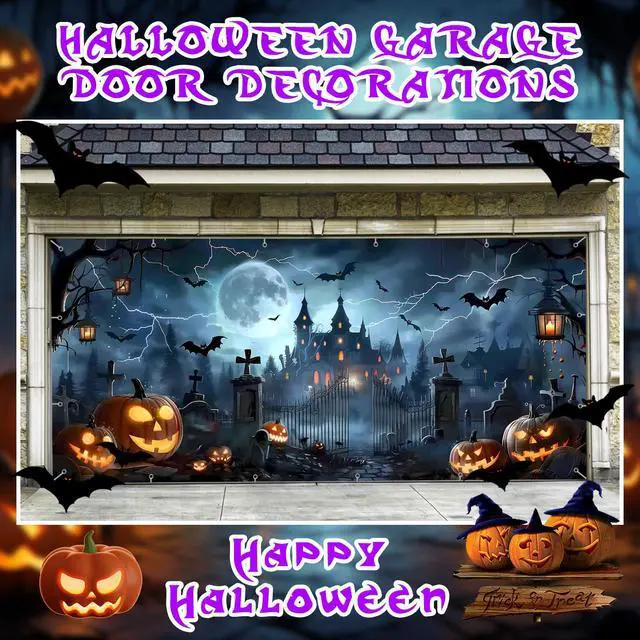 Alt view image 6 of 7 - 7x16ft Halloween Garage Door Cover Banner Large Hanging Backdrop Door Cover Gloomy Garage Wall Decoration Backdrop Mural for Home Outdoor Indoor Spooky Party Wall Window Yard Horror Graveyard