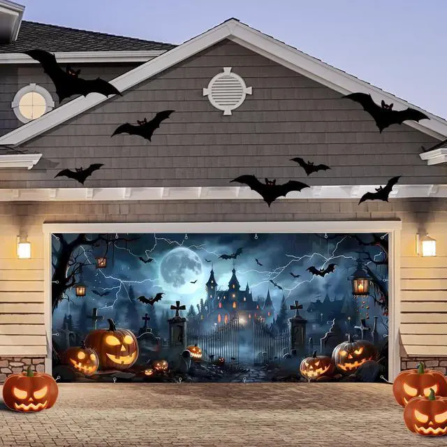 Alt view image 7 of 7 - 7x16ft Halloween Garage Door Cover Banner Large Hanging Backdrop Door Cover Gloomy Garage Wall Decoration Backdrop Mural for Home Outdoor Indoor Spooky Party Wall Window Yard Horror Graveyard