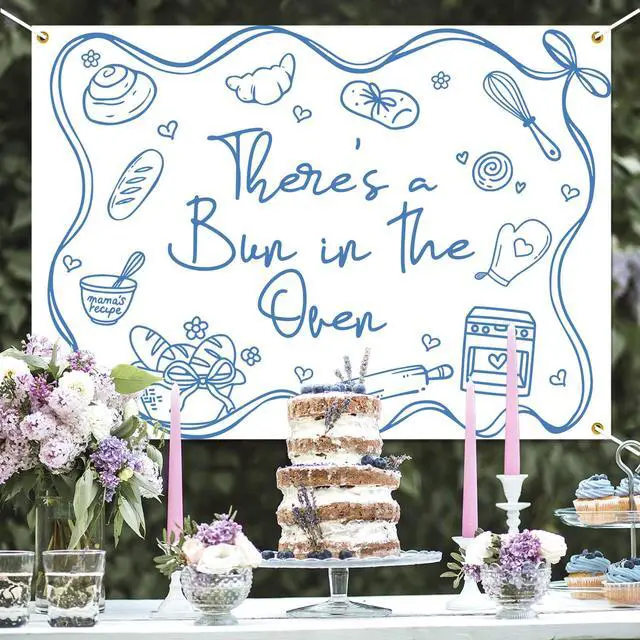 Alt view image 4 of 6 - There's a Bun in The Oven Backdrop Bun in The Oven Baby Shower Party Photography Background Bread Baby Shower Party Decorations,7 * 5Ft