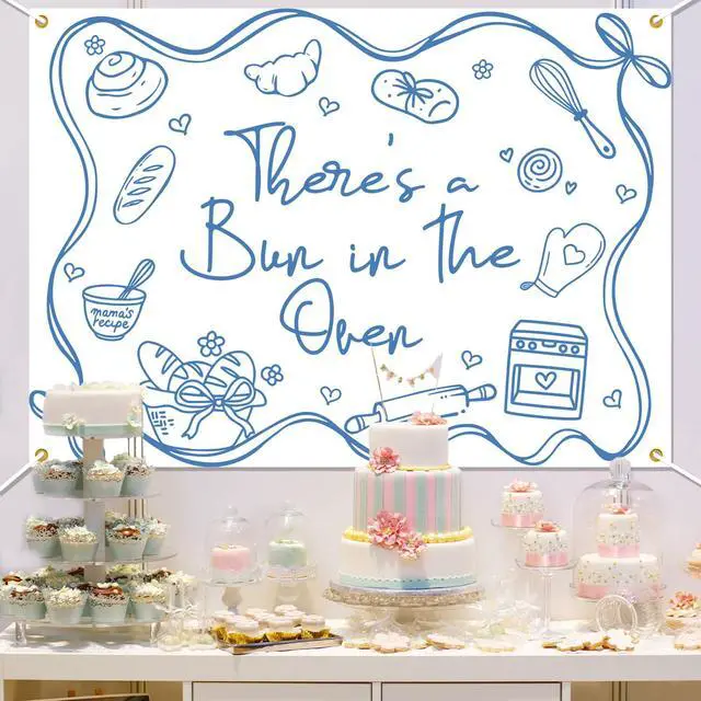 Alt view image 6 of 6 - There's a Bun in The Oven Backdrop Bun in The Oven Baby Shower Party Photography Background Bread Baby Shower Party Decorations,7 * 5Ft
