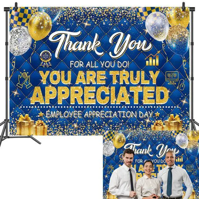 Main image of Employee Appreciation Day Backdrop You are Appreciated Staff Team Appreciation Week Background We Appreciate You Blue Gold Photoshoot Banner Props (8x6FT(94 x 70 inch))