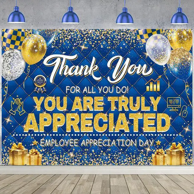 Alt view image 2 of 7 - Employee Appreciation Day Backdrop You are Appreciated Staff Team Appreciation Week Background We Appreciate You Blue Gold Photoshoot Banner Props (8x6FT(94 x 70 inch))