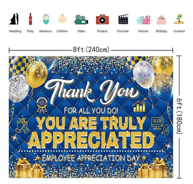 Alt view image 6 of 7 - Employee Appreciation Day Backdrop You are Appreciated Staff Team Appreciation Week Background We Appreciate You Blue Gold Photoshoot Banner Props (8x6FT(94 x 70 inch))