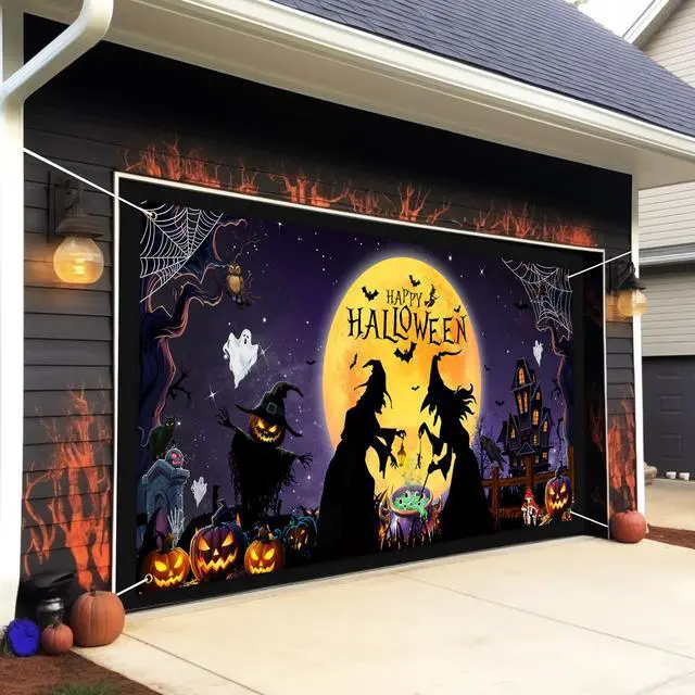 Alt view image 5 of 7 - Halloween Garage Door Cover Banner 6 x 13 Ft Outdoor Party Decorations | Large size outdoor backdrop for home wall and party decoration