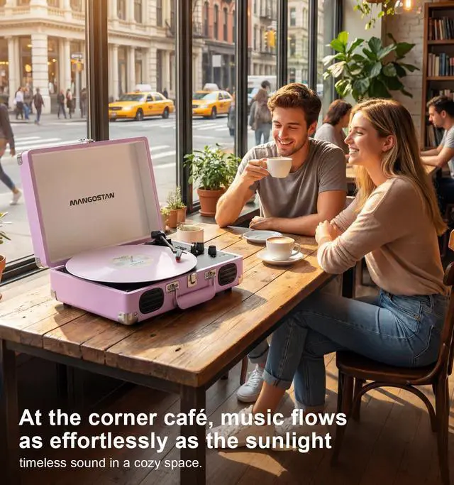 Alt view image 2 of 6 - Purple Bluetooth Suitcase Record Player, 3-Speed Turntable | Vintage purple suitcase style with Bluetooth, 3-speed playback, built-in speakers, auto stop, AUX, RCA and headphone jack