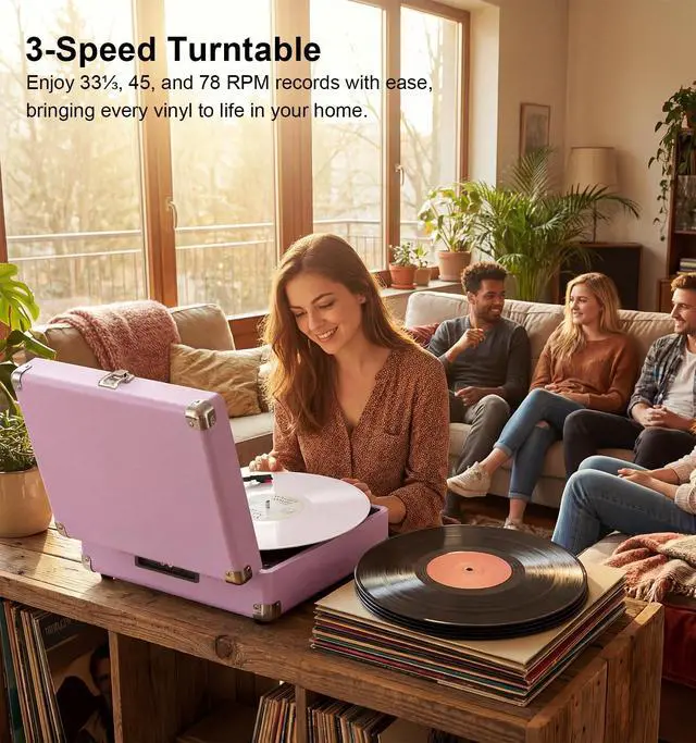 Alt view image 3 of 6 - Purple Bluetooth Suitcase Record Player, 3-Speed Turntable | Vintage purple suitcase style with Bluetooth, 3-speed playback, built-in speakers, auto stop, AUX, RCA and headphone jack