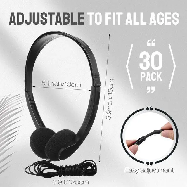 Alt view image 2 of 6 - 30 Pack Bulk Classroom Headphones Wired Black Adjustable Over Ear Earbuds Headphones with 3.5 mm Plug for Teen Adults Students Schools Library Computer Labs Office Airplane