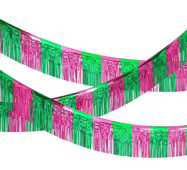 Main image of 3 Pcs 1.25 x 20 ft Pink Green Foil Fringe Garland, Witch Princess Fringe Banners, Wall Hanging Tinsel Streamers for Halloween Parade Float Decorations Birthday Party Bachelorette