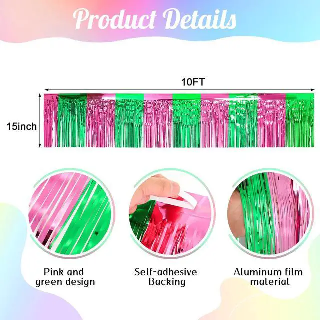 Alt view image 2 of 6 - 3 Pcs 1.25 x 20 ft Pink Green Foil Fringe Garland, Witch Princess Fringe Banners, Wall Hanging Tinsel Streamers for Halloween Parade Float Decorations Birthday Party Bachelorette