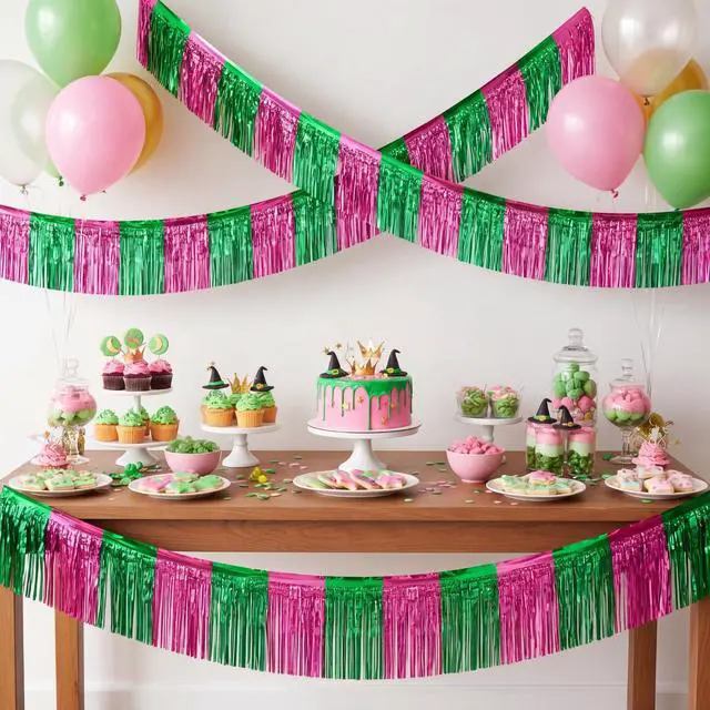 Alt view image 3 of 6 - 3 Pcs 1.25 x 20 ft Pink Green Foil Fringe Garland, Witch Princess Fringe Banners, Wall Hanging Tinsel Streamers for Halloween Parade Float Decorations Birthday Party Bachelorette