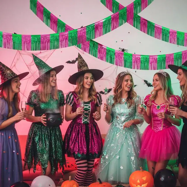 Alt view image 4 of 6 - 3 Pcs 1.25 x 20 ft Pink Green Foil Fringe Garland, Witch Princess Fringe Banners, Wall Hanging Tinsel Streamers for Halloween Parade Float Decorations Birthday Party Bachelorette