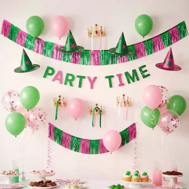 Alt view image 5 of 6 - 3 Pcs 1.25 x 20 ft Pink Green Foil Fringe Garland, Witch Princess Fringe Banners, Wall Hanging Tinsel Streamers for Halloween Parade Float Decorations Birthday Party Bachelorette