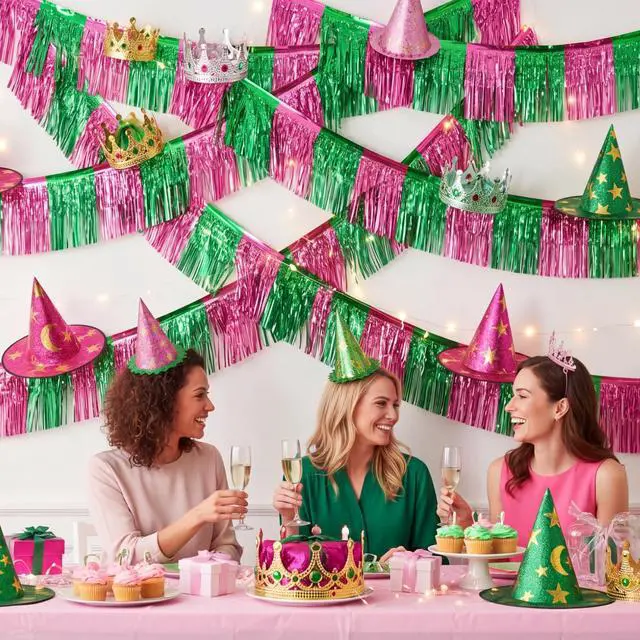 Alt view image 6 of 6 - 3 Pcs 1.25 x 20 ft Pink Green Foil Fringe Garland, Witch Princess Fringe Banners, Wall Hanging Tinsel Streamers for Halloween Parade Float Decorations Birthday Party Bachelorette