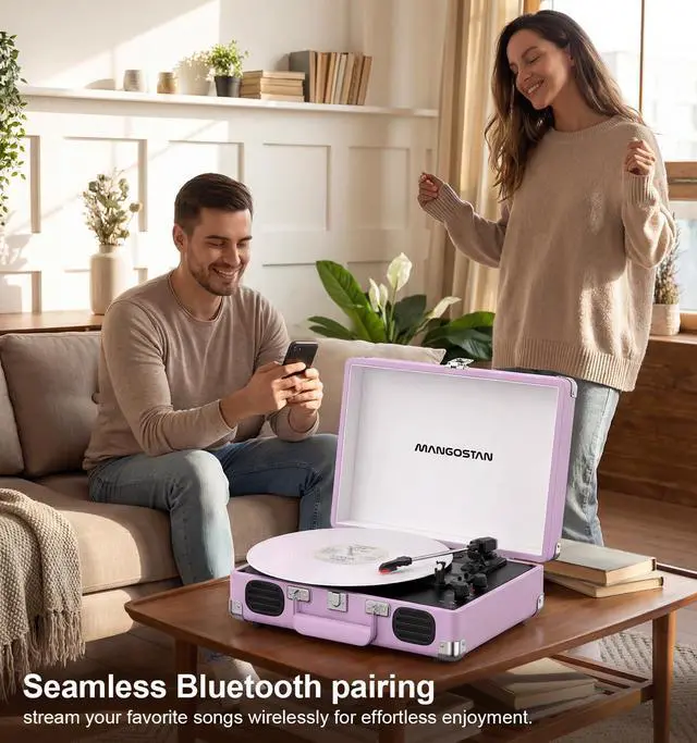Alt view image 4 of 6 - Purple Bluetooth Suitcase Record Player, 3-Speed Turntable | Vintage purple suitcase style with Bluetooth, 3-speed playback, built-in speakers, auto stop, AUX, RCA and headphone jack
