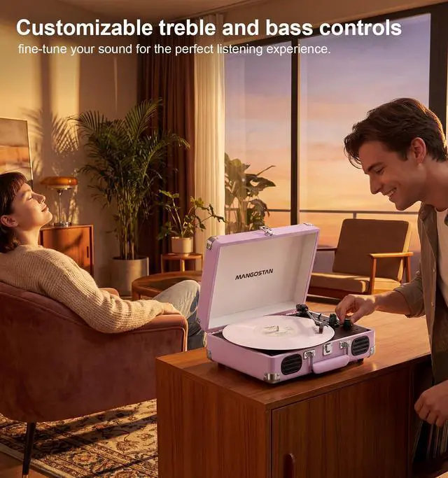 Alt view image 5 of 6 - Purple Bluetooth Suitcase Record Player, 3-Speed Turntable | Vintage purple suitcase style with Bluetooth, 3-speed playback, built-in speakers, auto stop, AUX, RCA and headphone jack