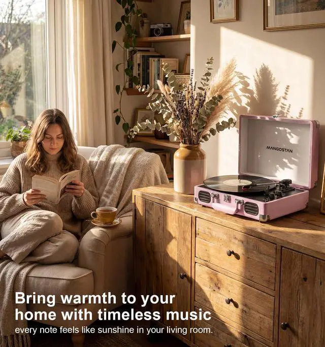 Alt view image 6 of 6 - Purple Bluetooth Suitcase Record Player, 3-Speed Turntable | Vintage purple suitcase style with Bluetooth, 3-speed playback, built-in speakers, auto stop, AUX, RCA and headphone jack