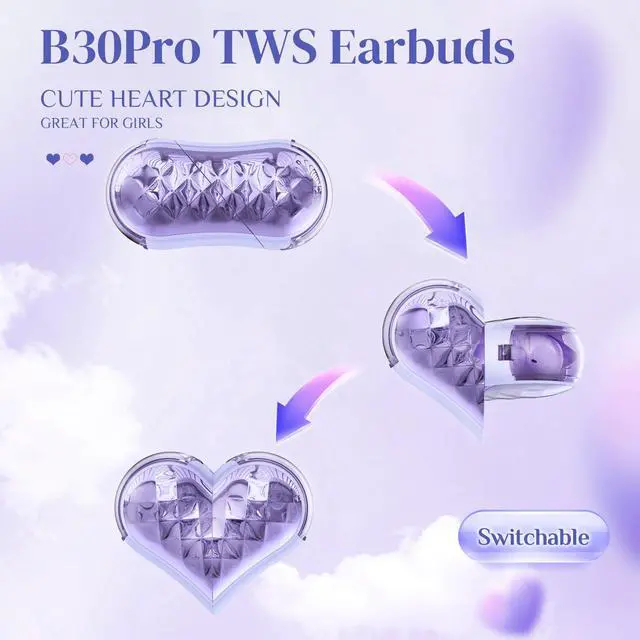 Alt view image 3 of 7 - Purple Kids Cute Wireless Earbuds Kawaii Hearts Shaped Blue Tooth Ear Buds Unique Design Headphones for iPhone Android Kids Girl Friends