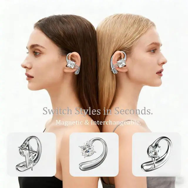 Alt view image 3 of 6 - Magnetic Ear Cuff Headphones for Women, Open-Ear Jewelry Bluetooth Earbuds with Metal Mirror Finish, Clip-On Wireless Earphones, Bluetooth 5.4, Fast Charging 30H Playtime