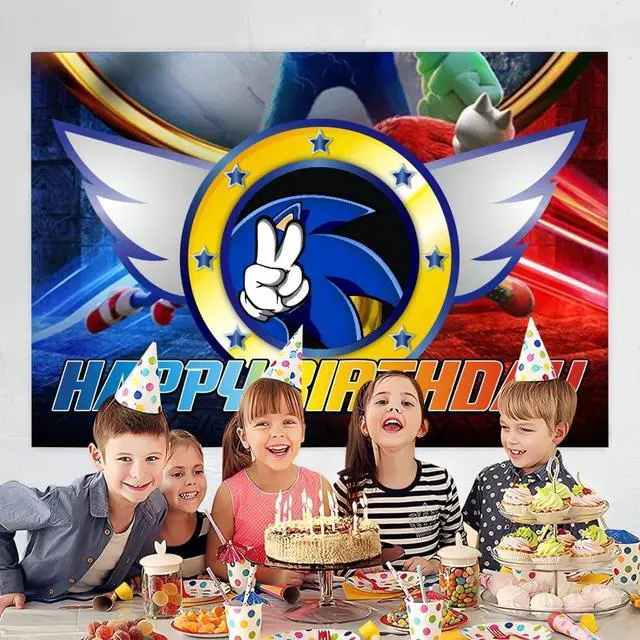 Alt view image 3 of 4 - Cartoon for Blue Hedgehog Birthday Party Backdrop,Themed Birthday Banner Shoot Photo Backgrounds Props for Party 5x3ft