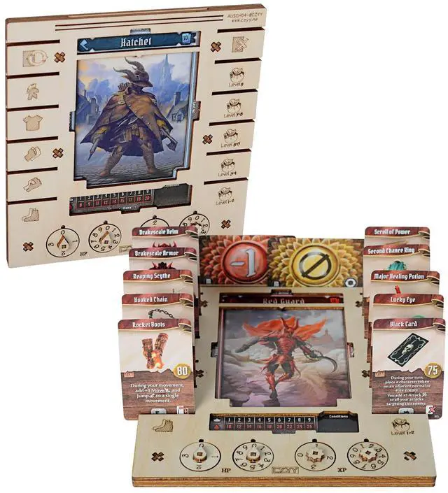 Main image of Character Dashboard Set, 2 Birch Wood Player Boards with HP XP Dials | Compatible with Gloomhaven Jaws of the Lion, Saves Table Space, HP and XP Dial Trackers, Assembly Required