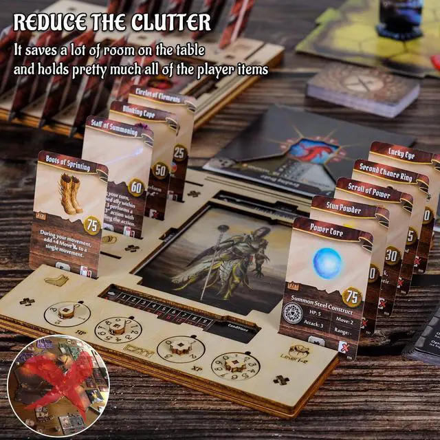 Alt view image 2 of 6 - Character Dashboard Set, 2 Birch Wood Player Boards with HP XP Dials | Compatible with Gloomhaven Jaws of the Lion, Saves Table Space, HP and XP Dial Trackers, Assembly Required