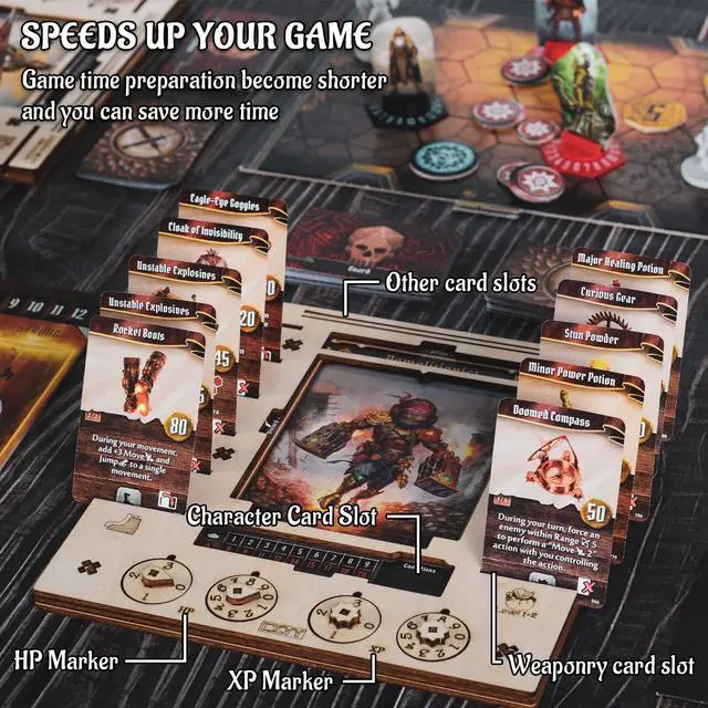 Alt view image 3 of 6 - Character Dashboard Set, 2 Birch Wood Player Boards with HP XP Dials | Compatible with Gloomhaven Jaws of the Lion, Saves Table Space, HP and XP Dial Trackers, Assembly Required