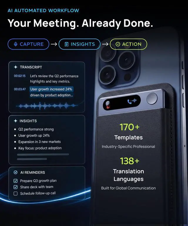 Alt view image 2 of 6 - AI Voice Recorder, Transcribe & Summarize for Meetings,Calls | AI Note Taker,Action Items,Ask Agent,138 Languages,Ultra-Slim,InstantView Display,Contact Insight,Lite