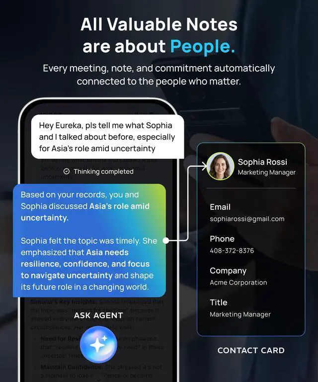 Alt view image 4 of 6 - AI Voice Recorder, Transcribe & Summarize for Meetings,Calls | AI Note Taker,Action Items,Ask Agent,138 Languages,Ultra-Slim,InstantView Display,Contact Insight,Lite