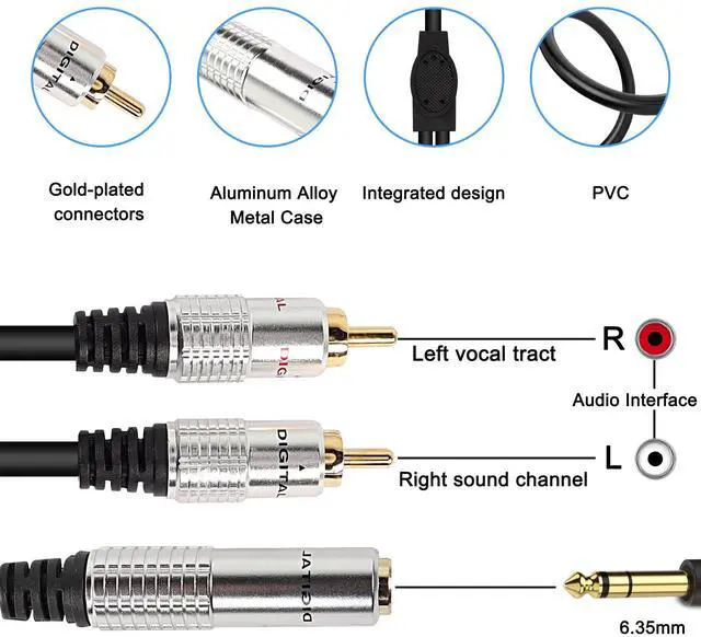 Alt view image 2 of 6 - 6.35mm to 2 RCA Splitter Cable, 6.5mm 1/4" Female TRS to Dual RCA | Male Stereo Audio Connector Wire Adapter-50cm/19.6Inch