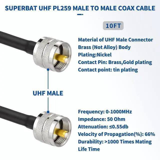 Alt view image 2 of 6 - PL259 CB Coax Cable 10ft PL-259 UHF Male to Male RG58 Cable | 50 Ohm Jumper for CB Ham Radio SWR Meter Amateur Radio, Antenna Analyzer, Tuner, Coaxial Antenna Switch