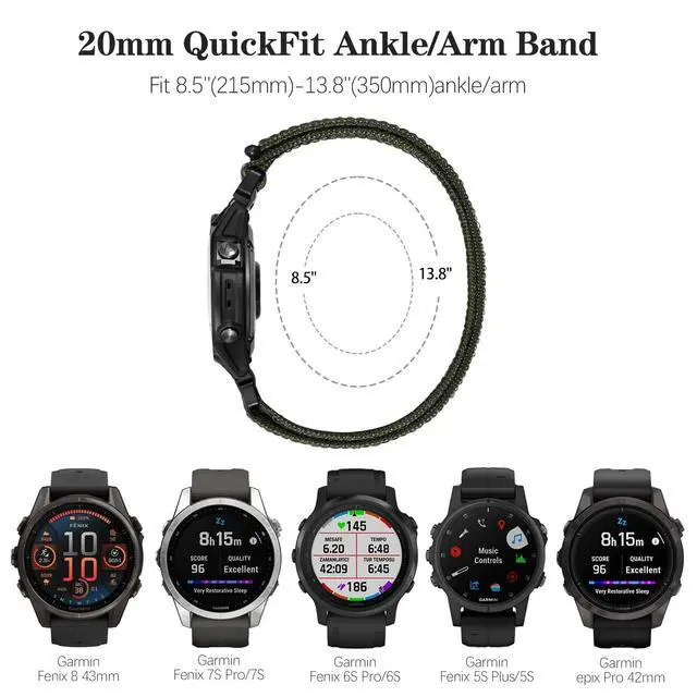 Alt view image 2 of 7 - 20mm QuickFit Sports Ankle/Arm Band Compatible with Garmin Fenix 8 43mm/7S/7S Pro/6S/6S Pro/5S/5S Plus, Soft Nylon Bicep Strap for Epix Pro 42mm/Descent Mk2s/Descent Mk3i 43mm Men and Women