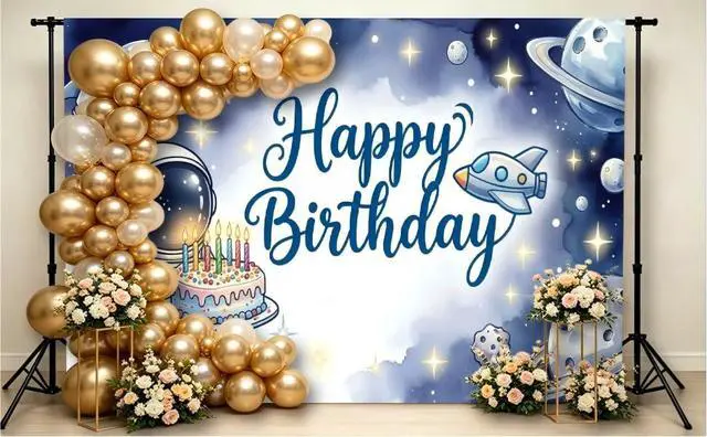 Alt view image 3 of 7 - Happy Birthday Backdrop Astronaut Backdrops Photography Background Banner
