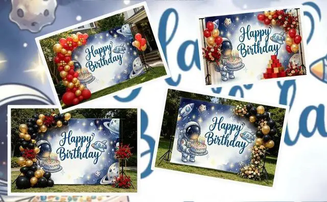 Alt view image 6 of 7 - Happy Birthday Backdrop Astronaut Backdrops Photography Background Banner