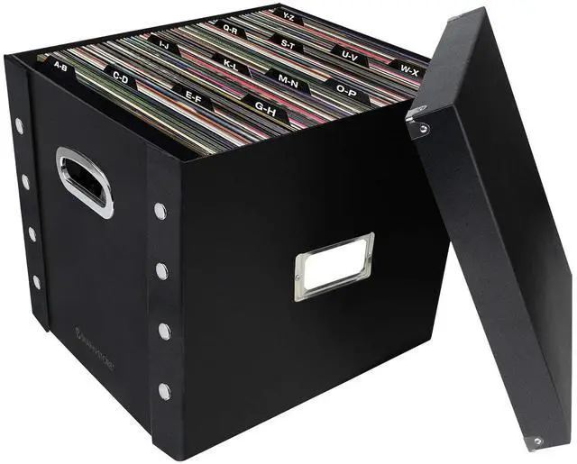 Main image of 12 In Vinyl Record Box, LP Holder, Lid & Guides, Black | Collapsible crate holds up to 75 vinyl albums, snaps together for easy assembly, stylish shelf display