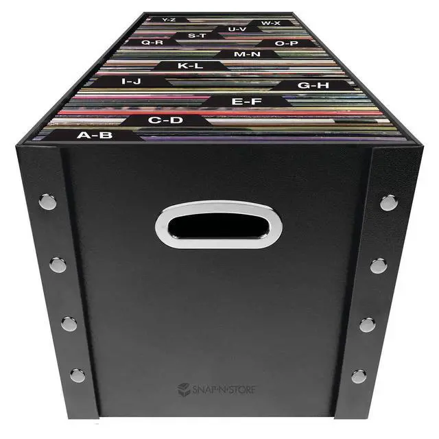 Alt view image 2 of 5 - 12 In Vinyl Record Box, LP Holder, Lid & Guides, Black | Collapsible crate holds up to 75 vinyl albums, snaps together for easy assembly, stylish shelf display