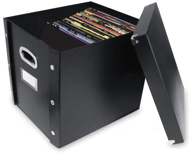 Alt view image 3 of 5 - 12 In Vinyl Record Box, LP Holder, Lid & Guides, Black | Collapsible crate holds up to 75 vinyl albums, snaps together for easy assembly, stylish shelf display