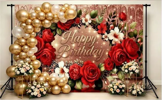 Alt view image 4 of 7 - Happy Birthday Backdrop Rose Gold backdrops Banner Photography Background