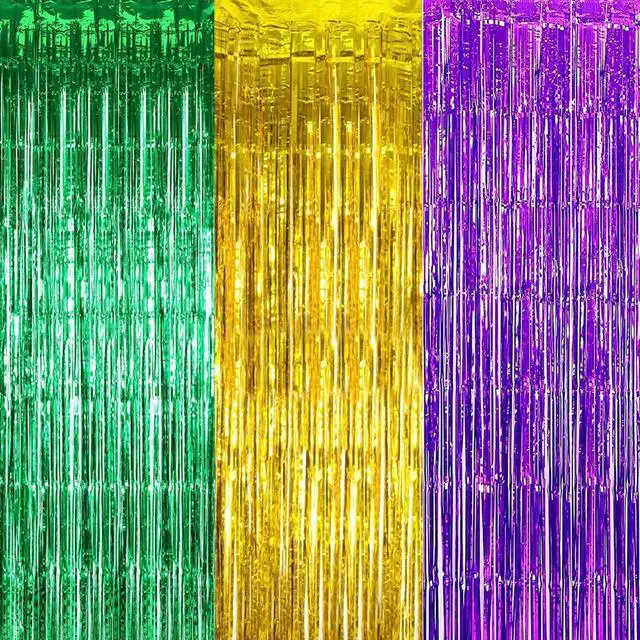 Main image of 3pcs Green Gold Purple Tinsel Foil Fringe Curtains Decorations,3.2ft x 8.3ft Curtain Mardi Gras Foil Curtains Photo Booth Prop Streamer Backdrop for Purple Green Day Birthday Party