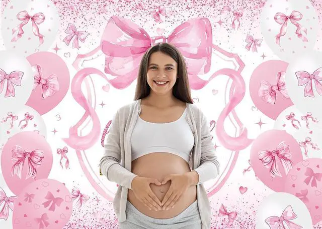 Alt view image 3 of 7 - Pink Bow Baby Shower Backdrop for Girls 7x5FT A Sweet Little Girl is On His Way Banner Background Welcome Baby Girl Baby Shower Party Decorations Supplies Photo Props