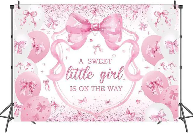 Alt view image 2 of 7 - Pink Bow Baby Shower Backdrop for Girls 7x5FT A Sweet Little Girl is On His Way Banner Background Welcome Baby Girl Baby Shower Party Decorations Supplies Photo Props