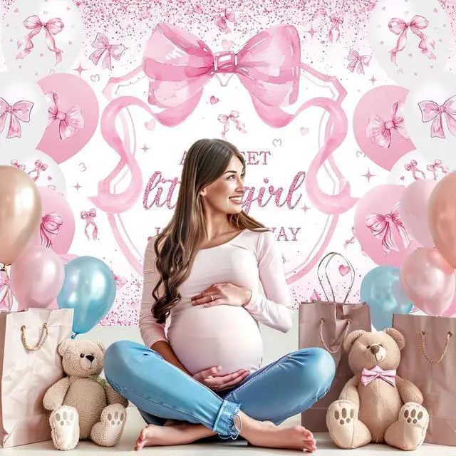 Alt view image 5 of 7 - Pink Bow Baby Shower Backdrop for Girls 7x5FT A Sweet Little Girl is On His Way Banner Background Welcome Baby Girl Baby Shower Party Decorations Supplies Photo Props