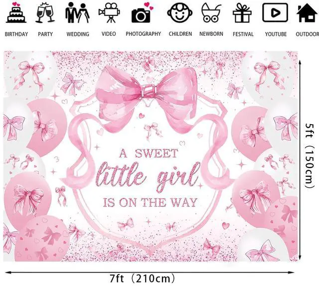 Alt view image 6 of 7 - Pink Bow Baby Shower Backdrop for Girls 7x5FT A Sweet Little Girl is On His Way Banner Background Welcome Baby Girl Baby Shower Party Decorations Supplies Photo Props