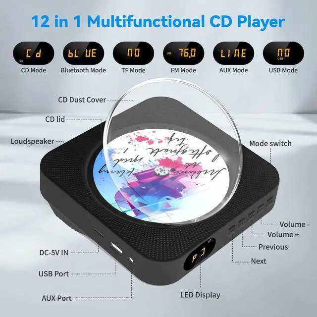 Alt view image 2 of 7 - CD Player Portable Bluetooth Desktop CD Player for Home, Black | HiFi stereo sound | LED display | Timer | FM radio | AUX/USB/TF interface | Suitable for offices, children