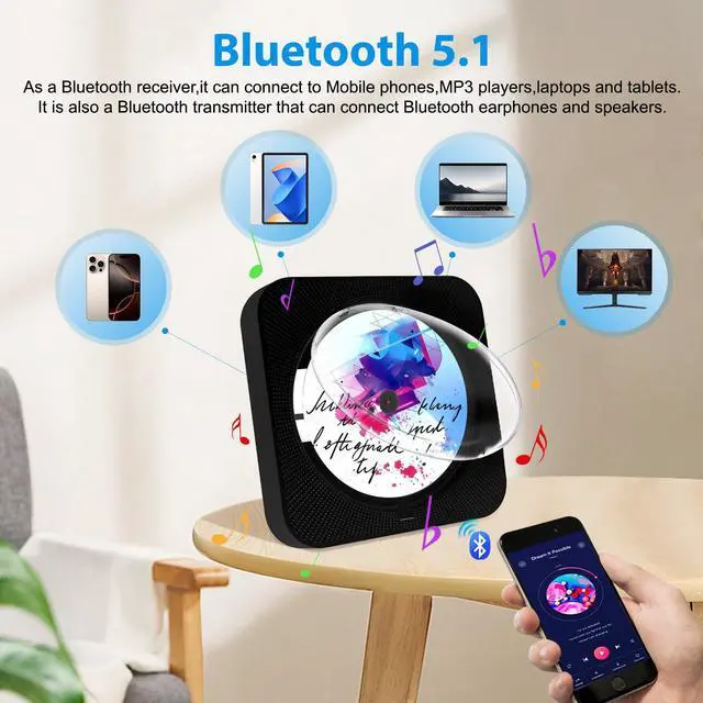 Alt view image 3 of 7 - CD Player Portable Bluetooth Desktop CD Player for Home, Black | HiFi stereo sound | LED display | Timer | FM radio | AUX/USB/TF interface | Suitable for offices, children